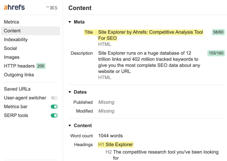 Ahrefs 的 SEO Toolbar 显示的相似标题和 H1