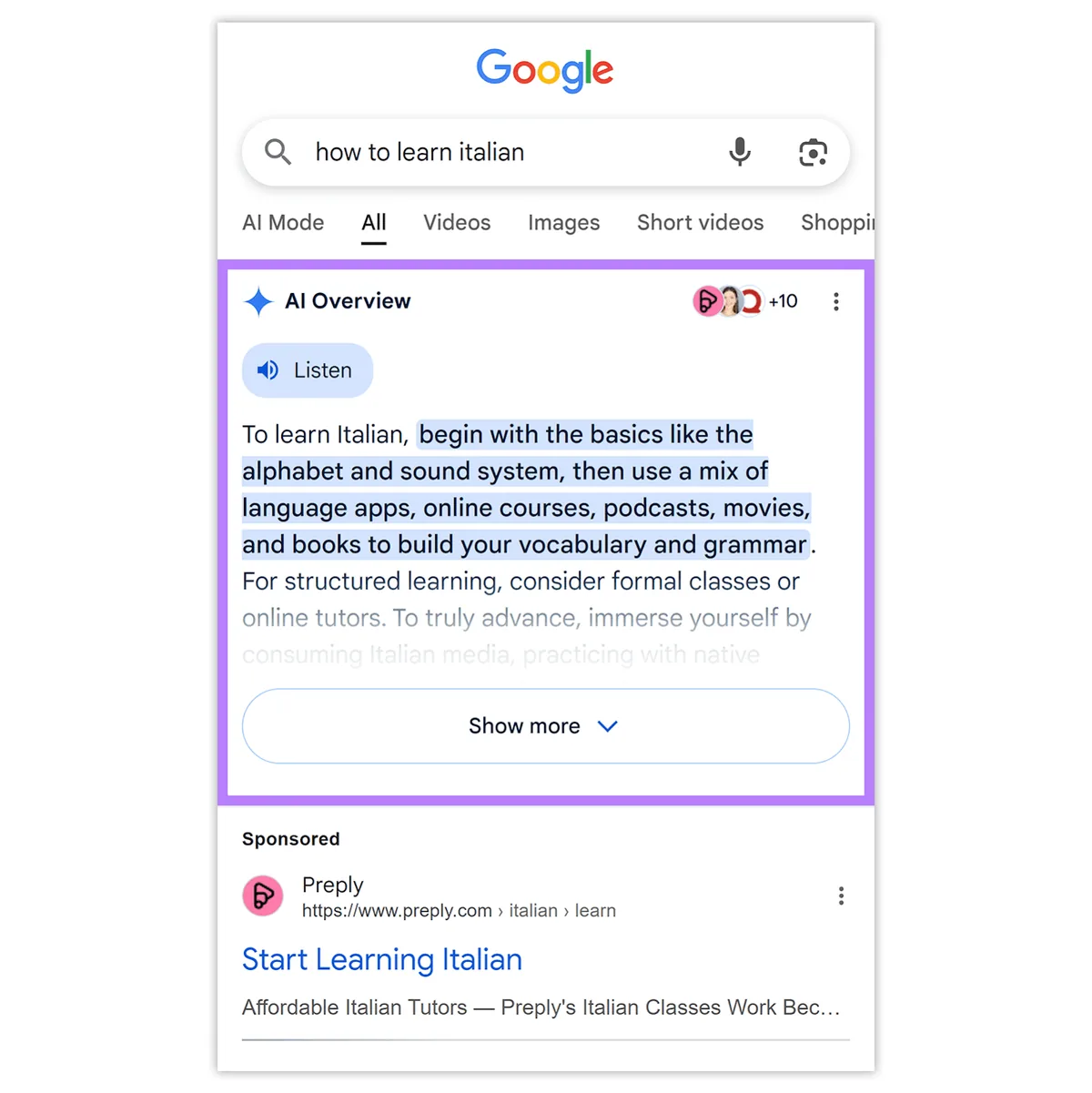 “how to learn italian”的移动端搜索结果，突出显示 AI Overview 框。
