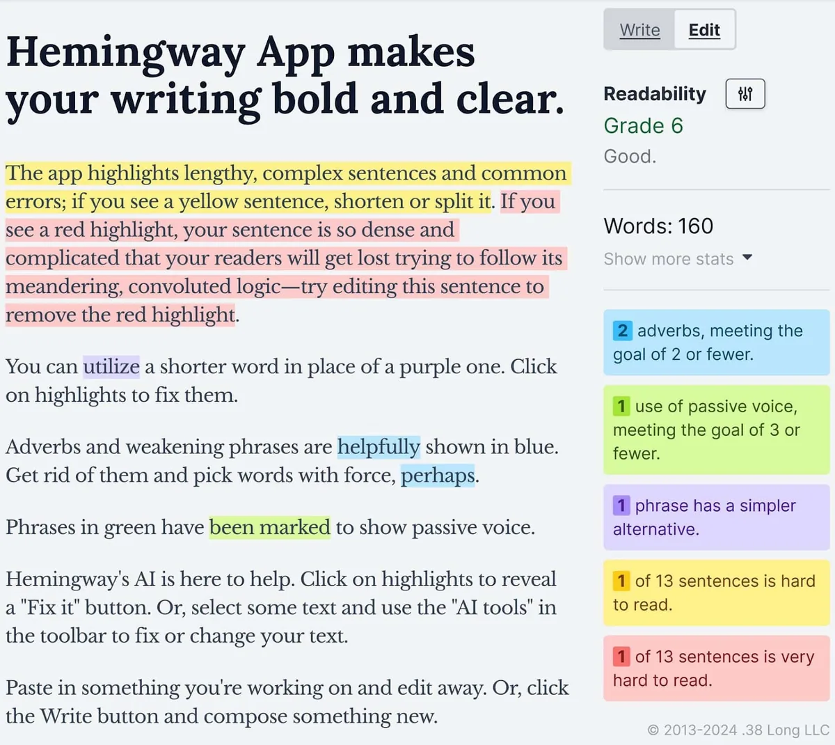 Hemingway App 编辑界面,显示带多彩高亮的文本,标示需要改进的地方。
