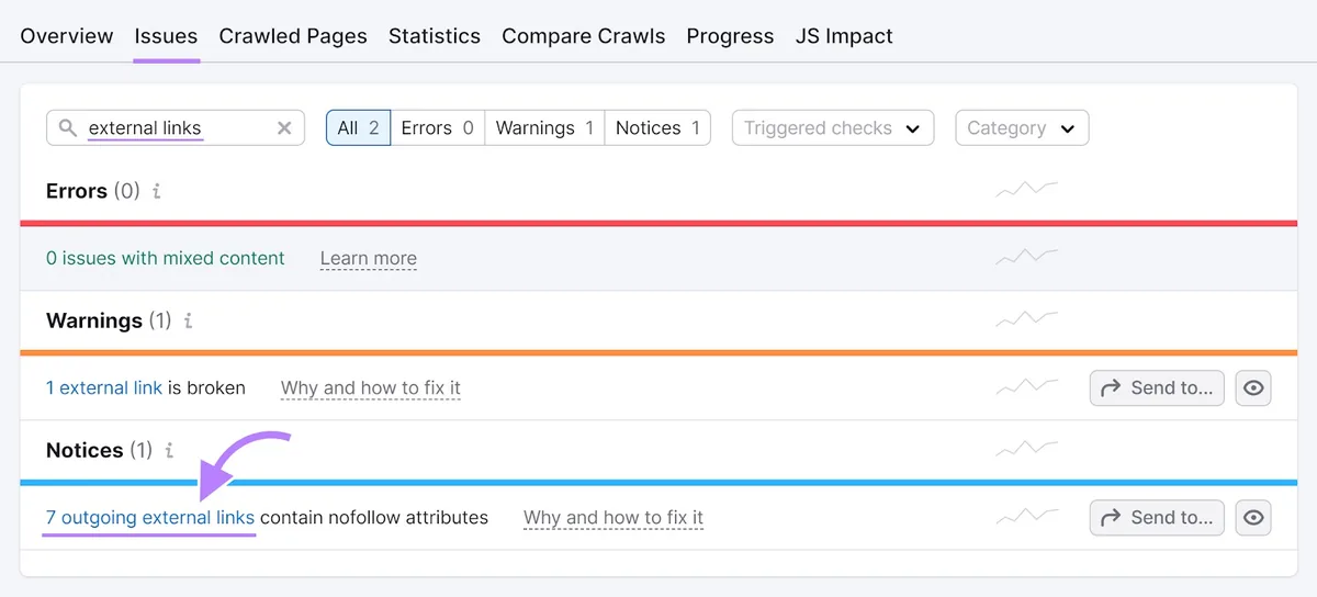 Site Audit 工具的“Issues”标签页，“7 个出站外部链接包含 nofollow 属性”通知被突出显示