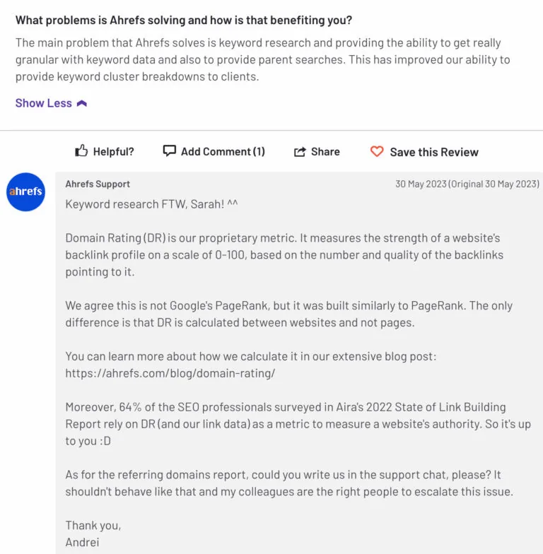Ahrefs 员工对一条 G2 评价的回复