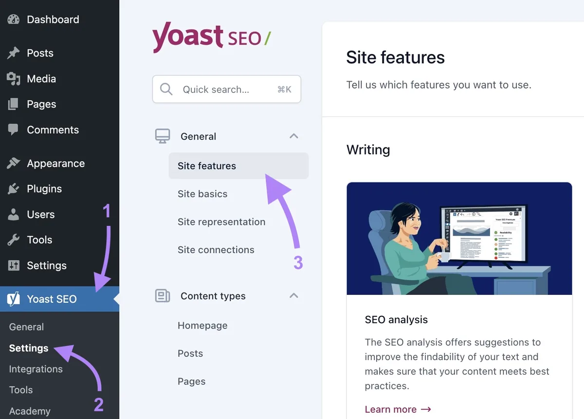 在 WordPress 上的 YoastSEO 插件中导航到“Site features”。