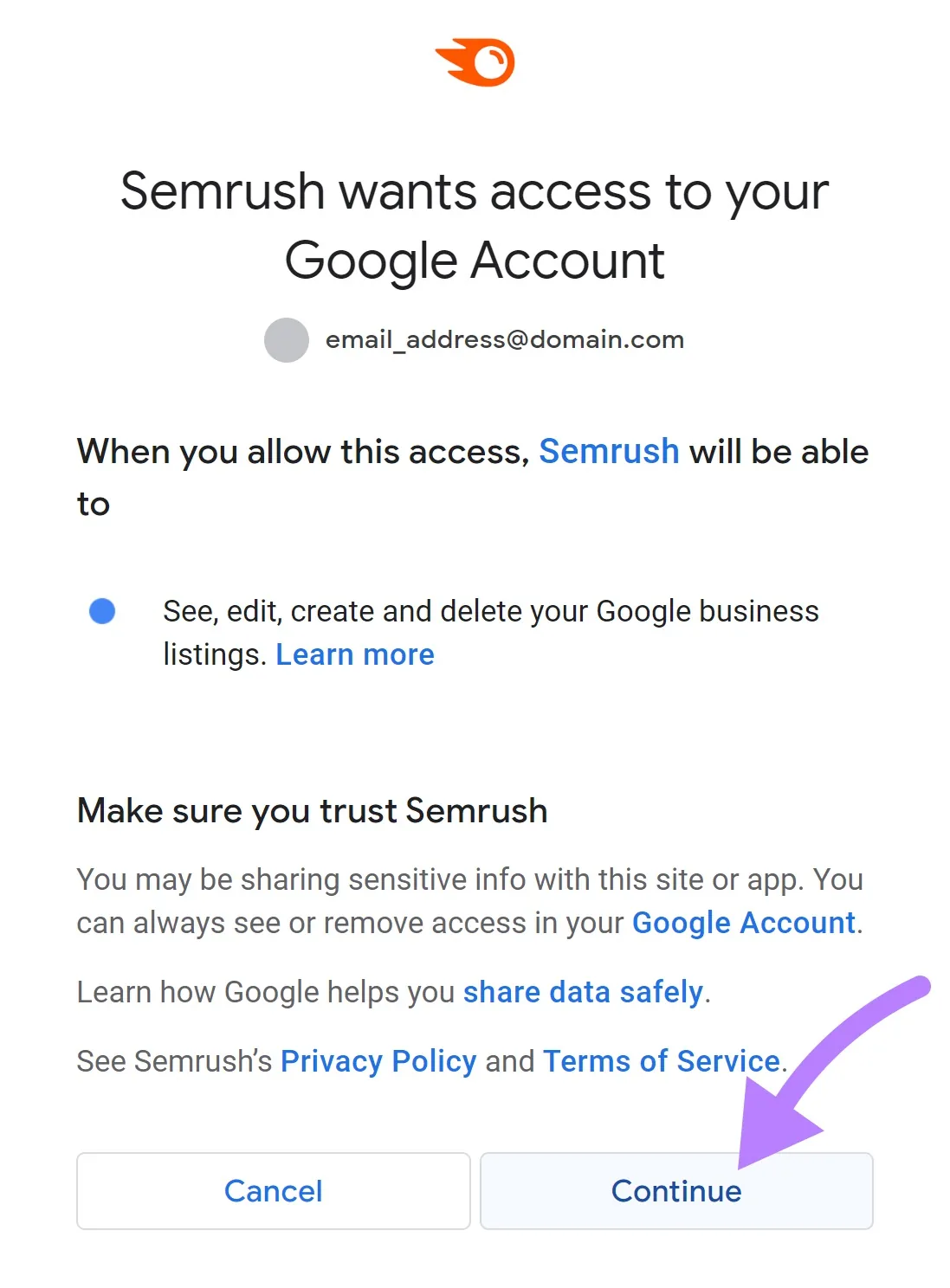 “Semrush 想要访问你的 Google 账户”窗口