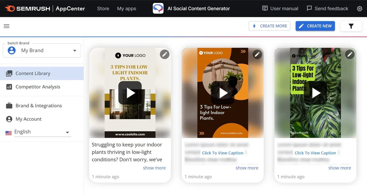 Semrush AI Social Content Generator 应用的 Content Library 显示三篇 AI 生成的帖子。