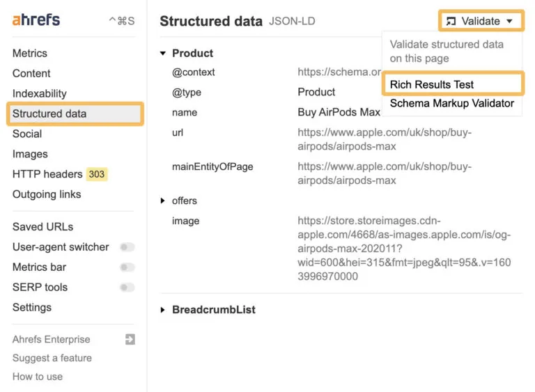 通过 Ahrefs SEO Toolbar 访问 Rich Results Test