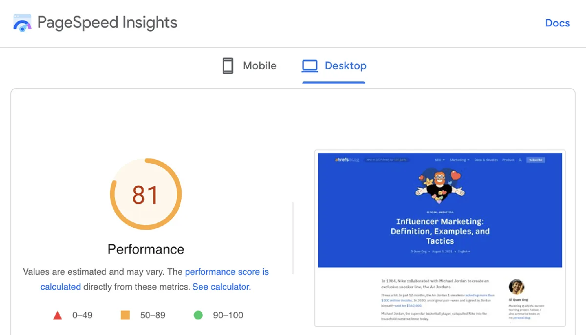 Google PageSpeed Insights 显示某网页在桌面端的性能评分为 81