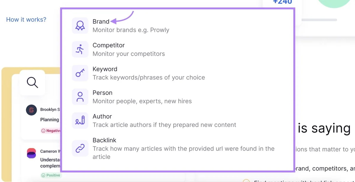 Brand Monitoring 应用下拉菜单下选中的“Brand”