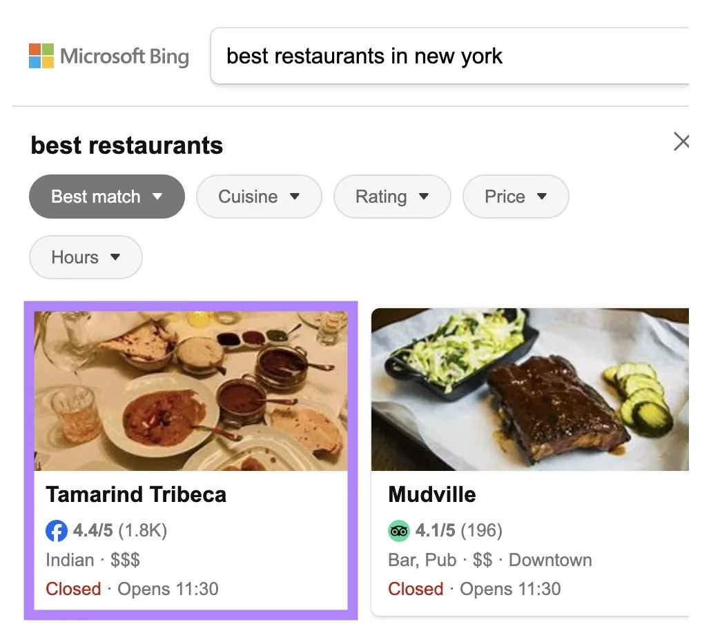 Bing 搜索结果页面直接从 Facebook 商户信息中提取本地搜索结果。