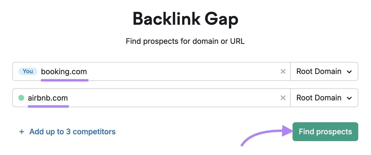 Backlink Gap 报告,已输入两个竞争域名并点击“Find prospects”。