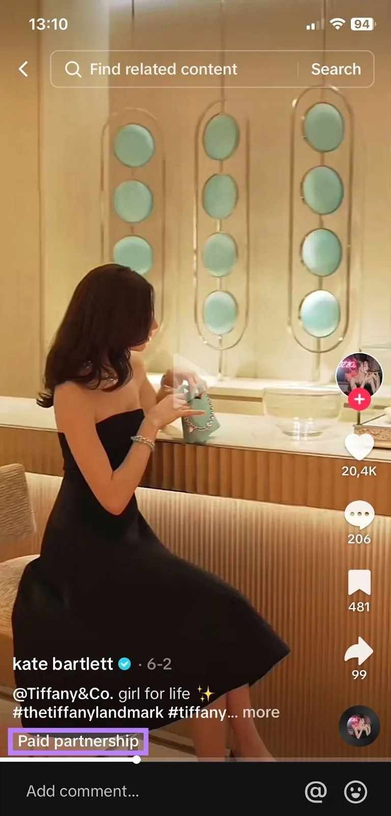 kate bartlett 为 Tiffany&Co. 制作的 TikTok 广告，标记为“Paid partnership”