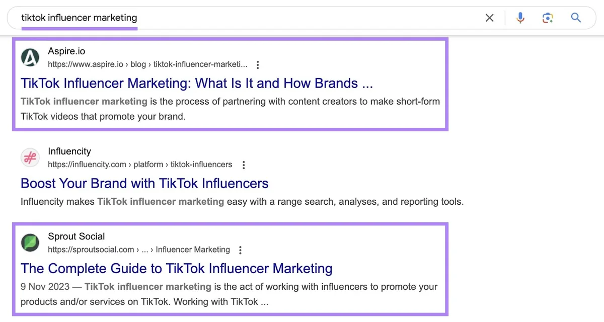 词条“tiktok influencer marketing”的搜索结果页面,排名靠前的结果表明为信息型搜索意图。