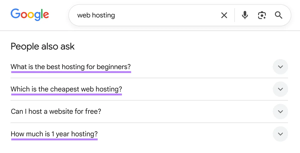 Google“People also ask”部分，包含关于网站托管和价格的问题
