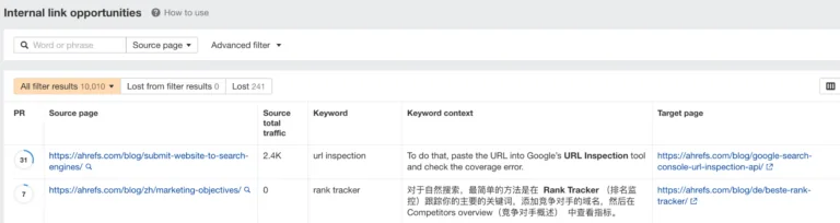 Ahrefs Site Audit 中的内部链接机会报告