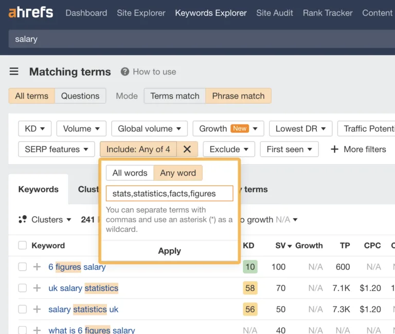 在 Keywords Explorer 中查找统计类关键词
