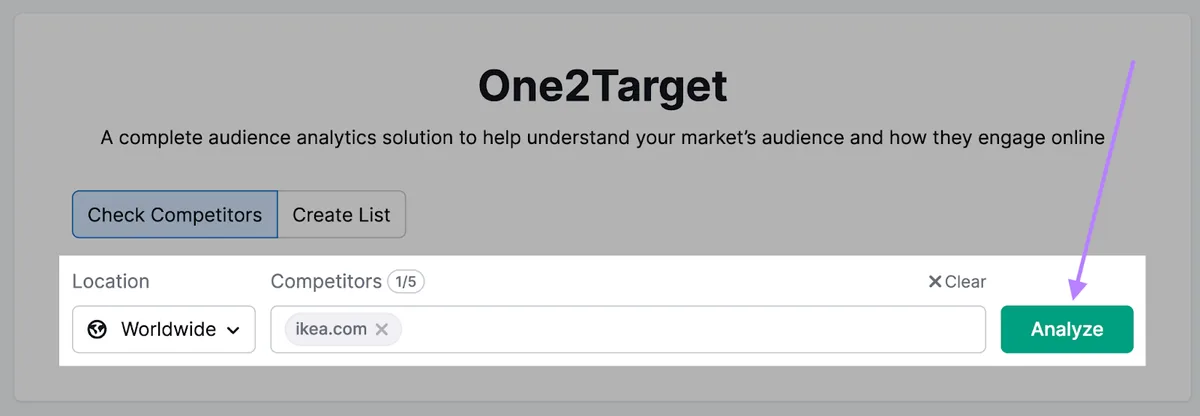 在 One2Target 工具中搜索“ikea.com”的示例
