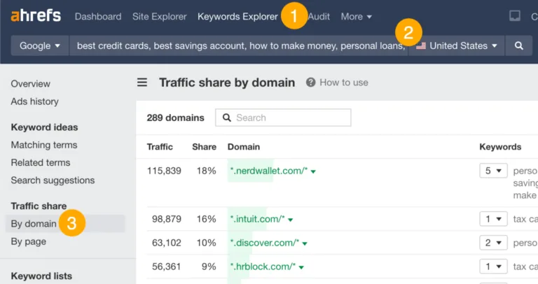 如何使用 Ahrefs 的 Traffic Share by Domain 报告查找顶级竞争对手网站