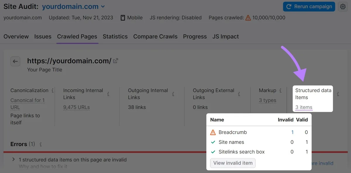 Site Audit 已抓取页面,高亮 schema 错误。