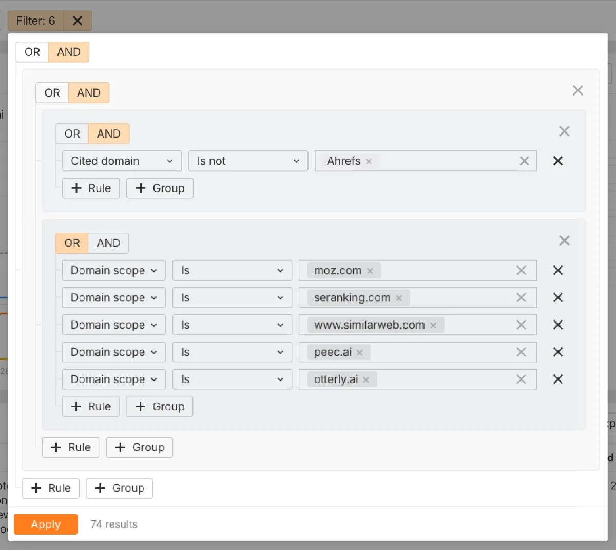 Ahrefs Brand Radar 中的引用缺口筛选器：被引用的域不能是 Ahrefs，域范围必须是 moz.com、seranking.com、similarweb.com、peec.ai 或 otterly.ai 之一