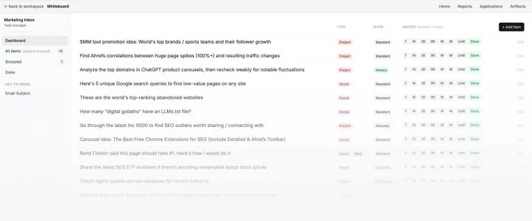 营销收件箱——列表视图,包含创意标题、类型(项目/社交/博客)、频率(标准/每周/每年/每季度/每两周/每月),以及每行的 7/14/30/90/W/M/直到/完成 稍后提醒按钮