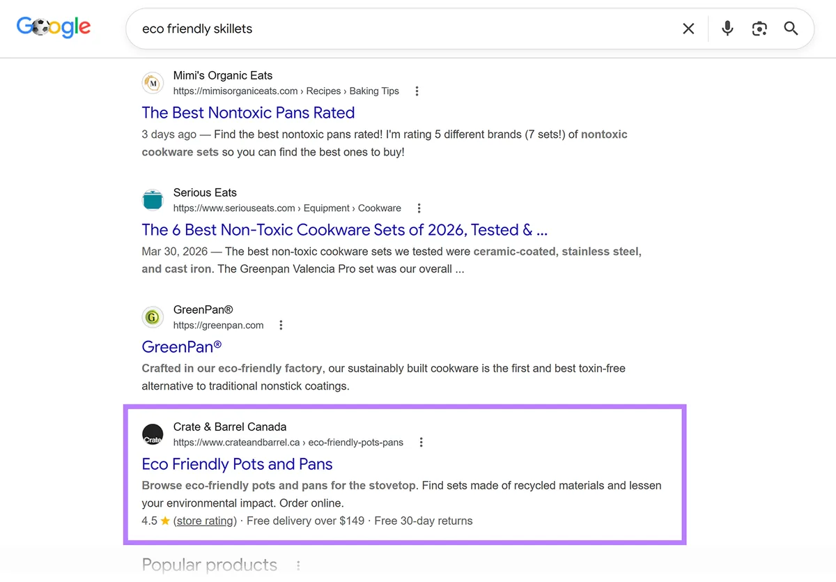 “eco friendly skillets”的 Google 结果,来自 Crate & Barrel 的结构化结果已高亮显示
