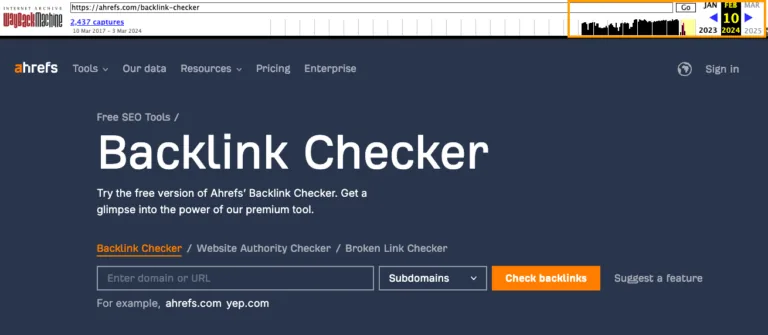 Wayback Machine 拍摄的 Ahrefs Backlink Checker 页面历史快照示例。