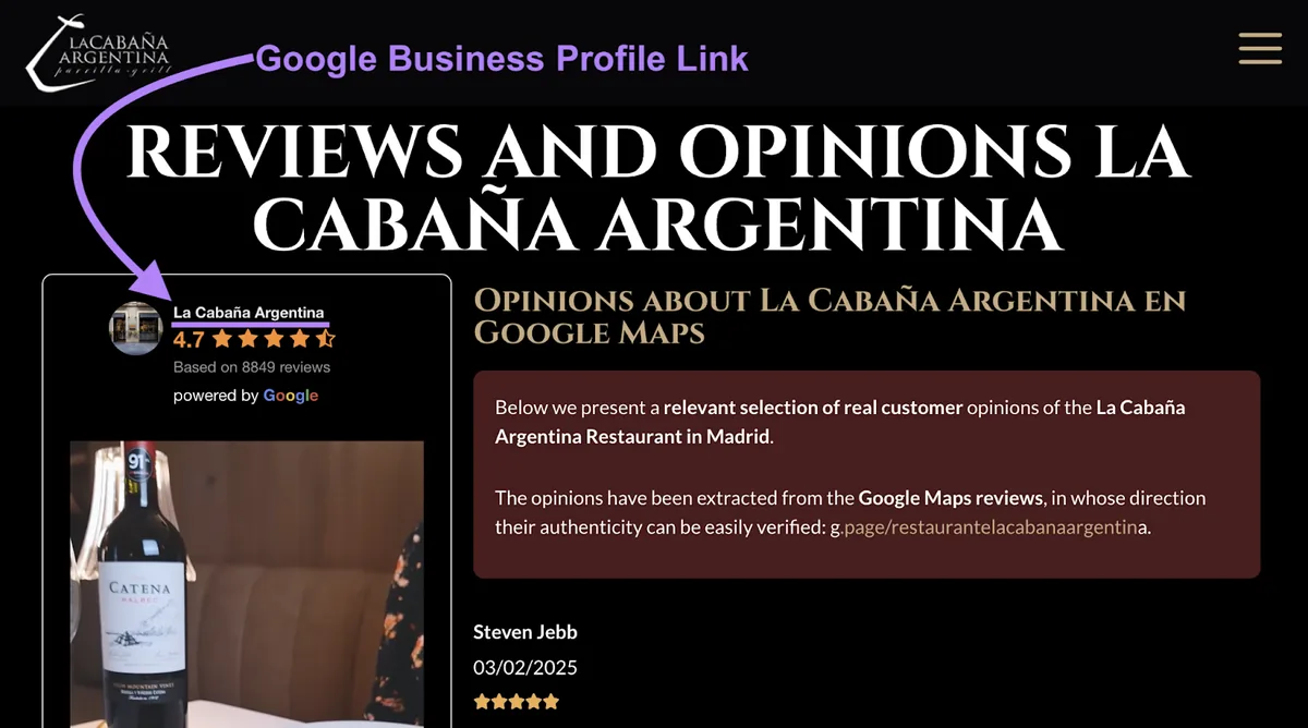 Google Business Profile 链接出现在小部件中,显示商家名称、平均星级和近期客户视频。