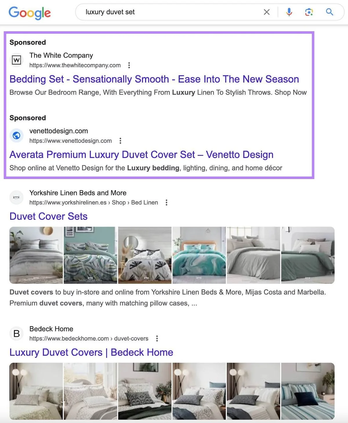 Google 搜索结果页面顶部针对“luxury duvet set”的付费搜索广告
