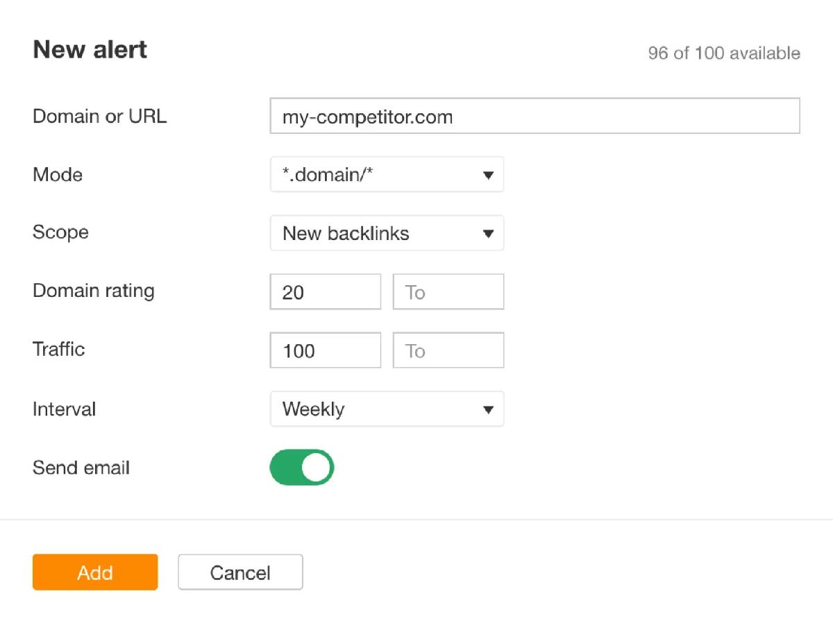 Ahrefs Alerts 截图,用于监控竞争对手反向链接