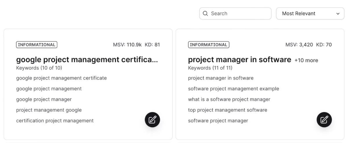 Surfer SEO 仪表盘，显示基于种子词的关键词创意及其变体、搜索意图、月搜索量和难度。