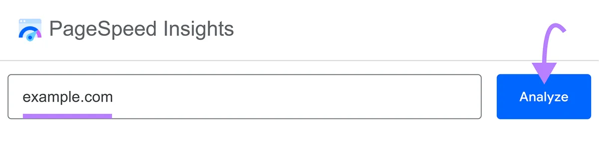 在 PageSpeed Insights 中输入 URL 后，箭头指向“Analyze”按钮。