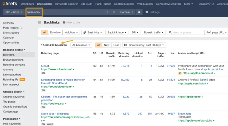 Ahrefs Site Explorer 中的反向链接报告