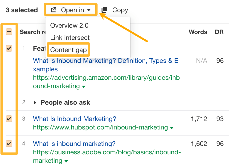从 Keywords Explorer 的 SERP Overview 进入 Content gap 报告