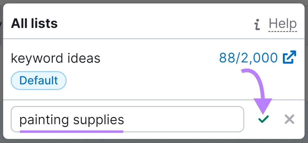 为新关键词列表名称添加的“painting supplies”