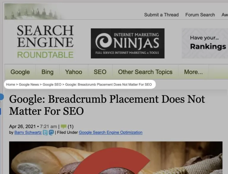 Search Engine Roundtable 上的面包屑链接