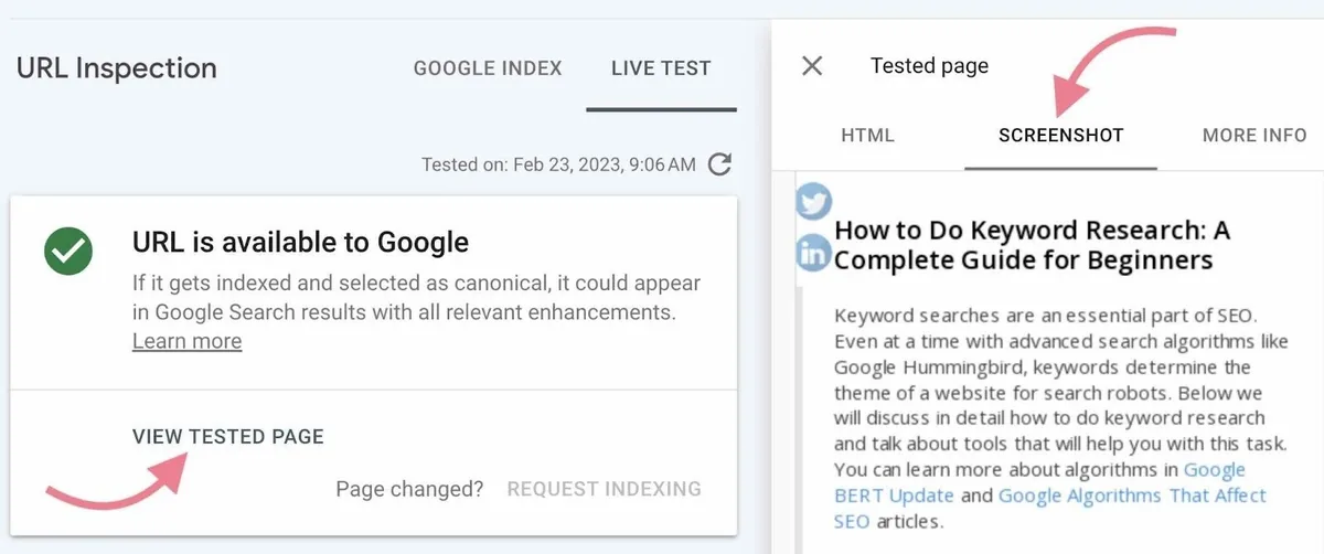 在 GSC 的“URL Inspection”页面左侧点击了“View Tested Page”，右侧点击了“Screenshot”标签页
