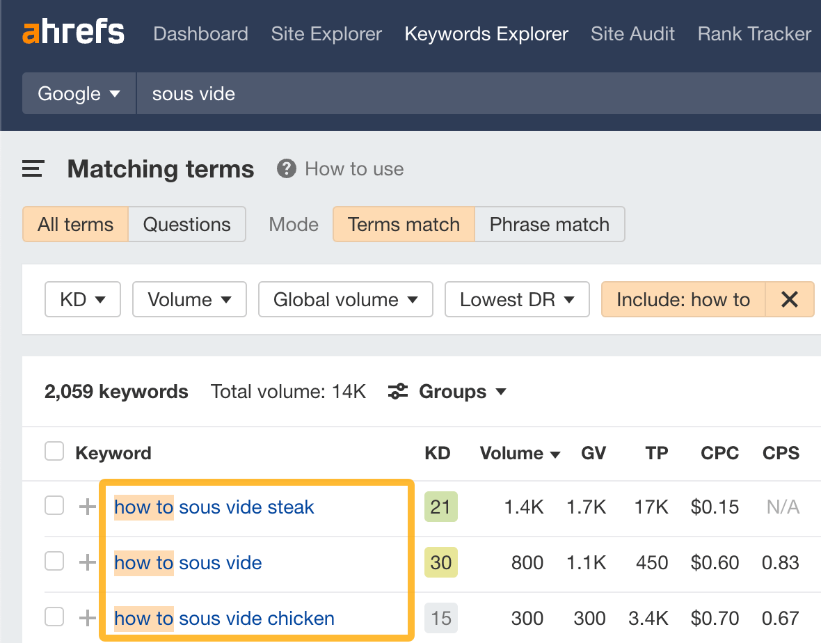 如何在 Ahrefs 的 Keywords Explorer 中查找含常见修饰词的关键词