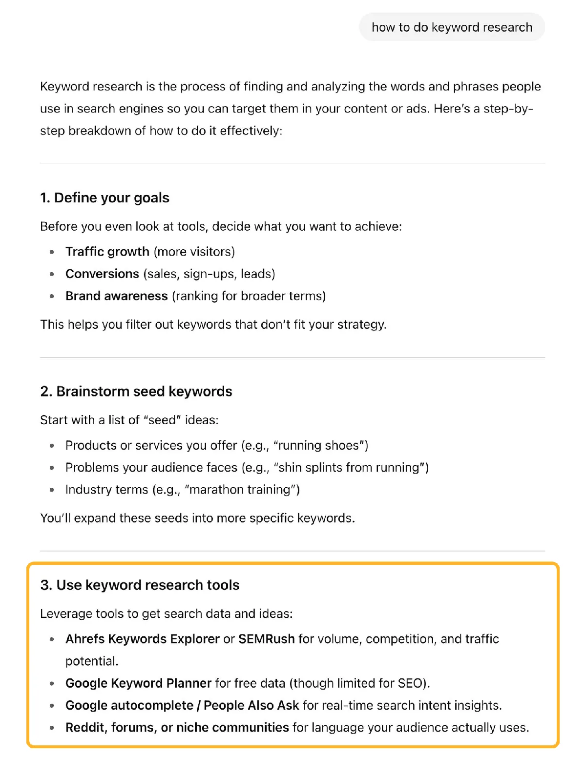 AI 对 “how to do keyword research” 的回答，以编号步骤列出。第三步 “Use keyword research tools” 被圈出，并推荐 Ahrefs Keywords Explorer、SEMRush、Google Keyword Planner、Google 自动补全和 People Also Ask，和 Reddit、论坛或细分社区。