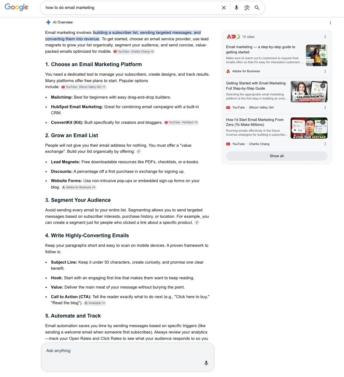 词条“how to do email marketing”的 Google 搜索结果页面,详细的 AI 概览回复作为顶部结果。