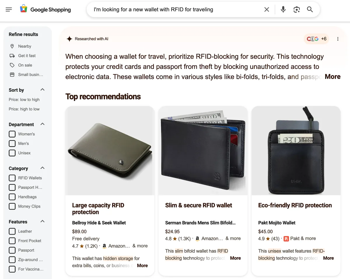 RFID 旅行钱包的 Google 购物搜索结果