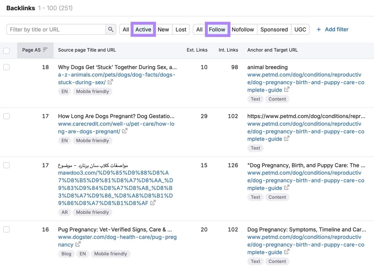 Backlinks 工具上的活跃 do-follow 竞争对手反向链接列表。