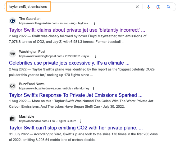 在一次成功的数据新闻活动后，关于 Taylor Swift 私人飞机排放的数千篇报道中的一小部分