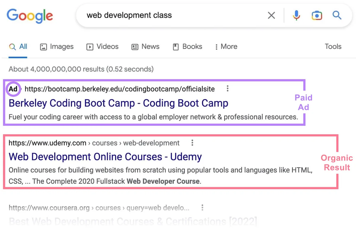 “web development class”的 Google 结果页面,展示 Barkly Coding Boot Camp 的广告