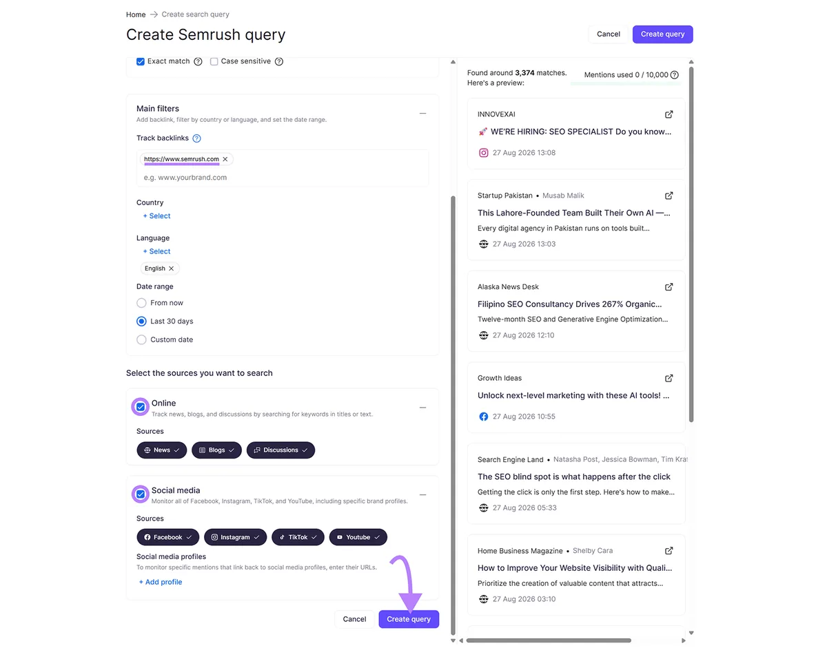 Semrush Brand Monitoring 查询设置，用于跟踪在线和社交来源的反向链接和提及
