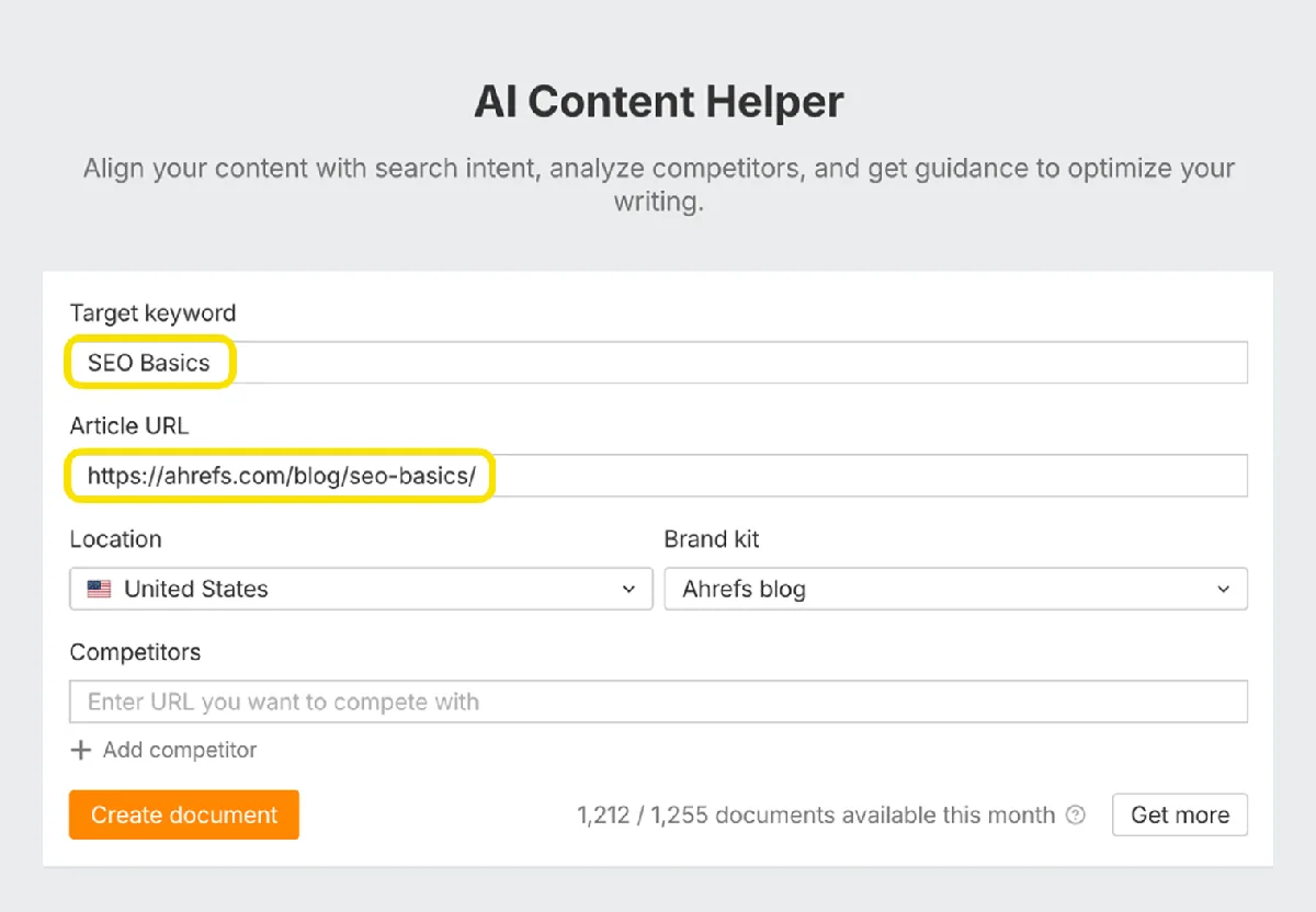 Ahrefs AI Content Helper 工具界面