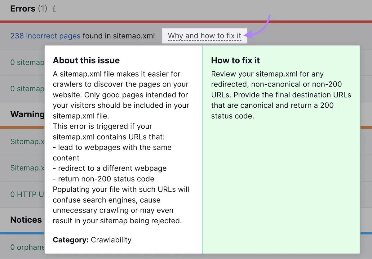 点击了“sitemap.xml 中发现 238 个不正确页面”旁的“Why and how to fix it”,显示修复该问题的提示