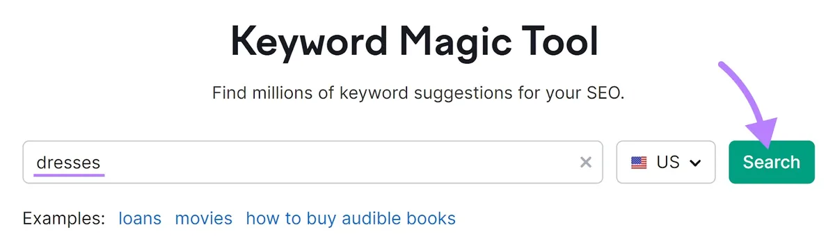 在 Keyword Magic Tool 搜索栏中输入的“dresses”