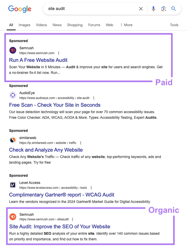 Semrush 在同一搜索结果页面上既作为 PPC 广告、又作为自然搜索网页出现
