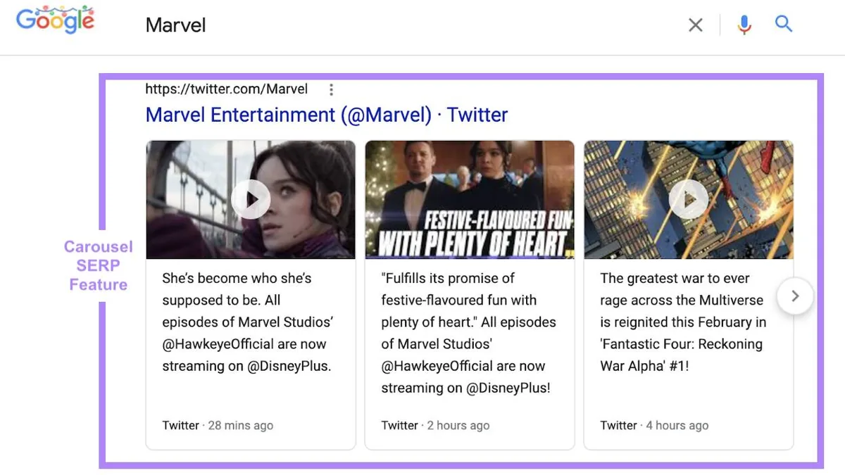 在 Google 上搜索“Marvel”时显示近期 X 帖子的轮播功能