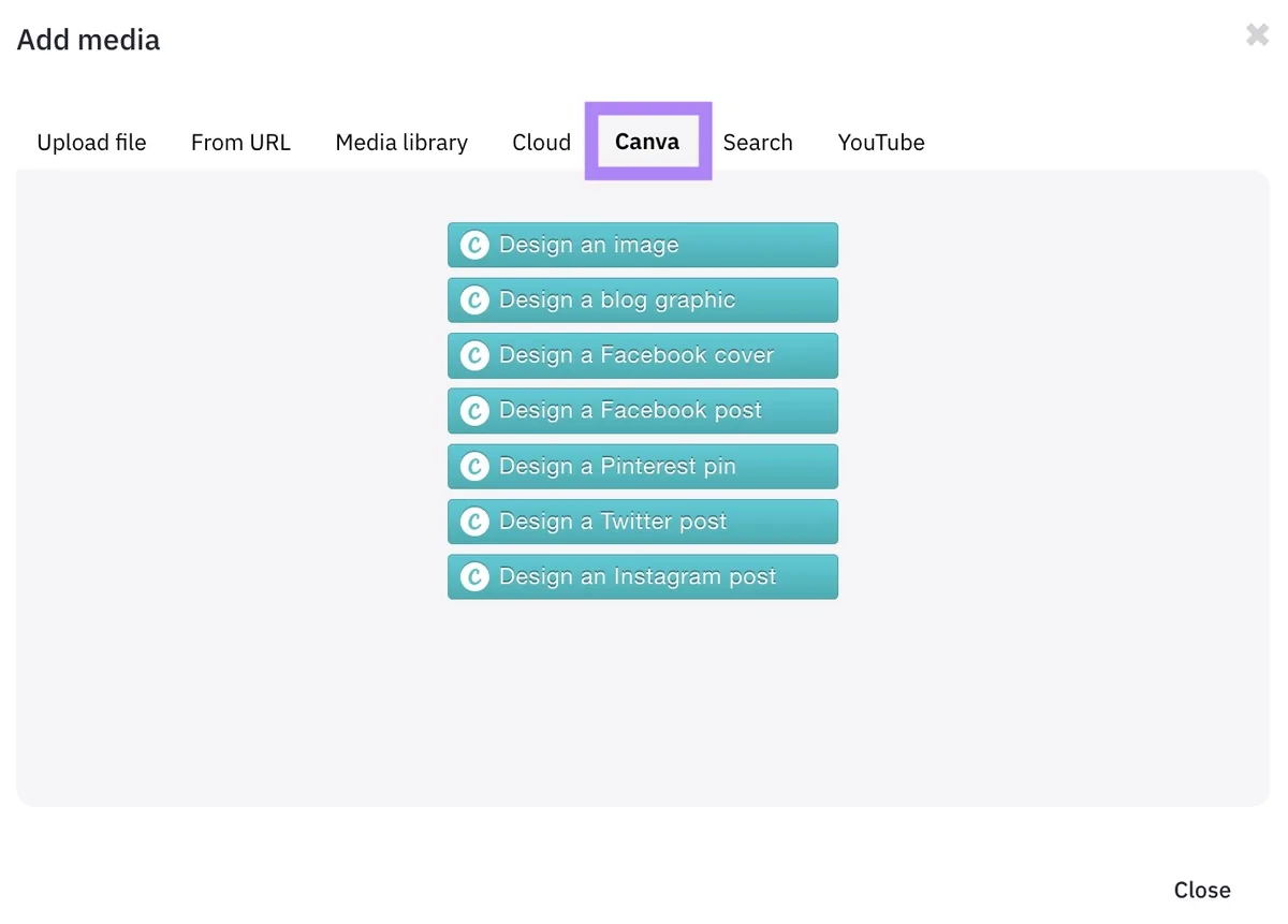 Sendible 上的“Add media”窗口,显示内置 Canva 集成的不同选项。