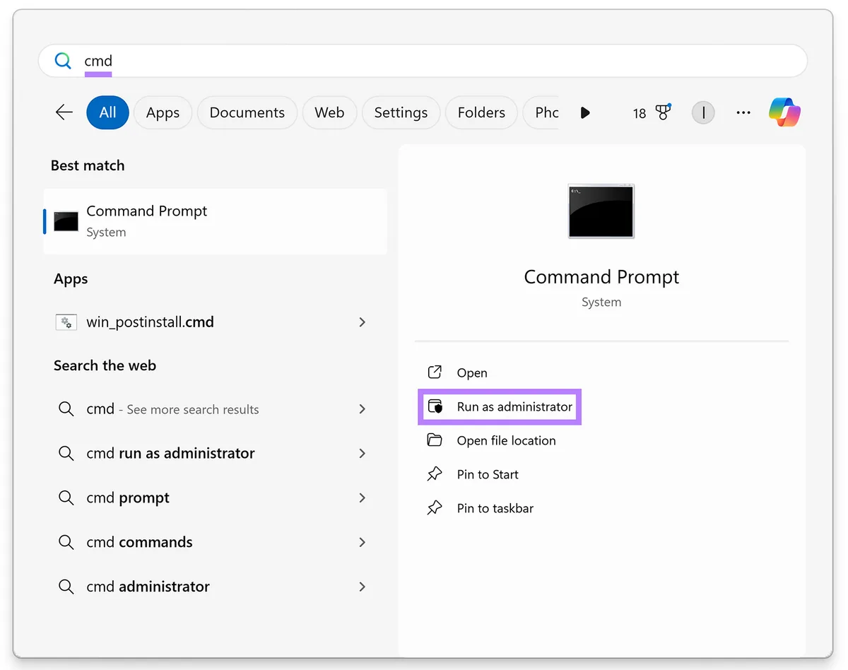Windows 11 开始菜单,搜索栏输入“cmd”,高亮命令提示符的 Run as administrator 选项